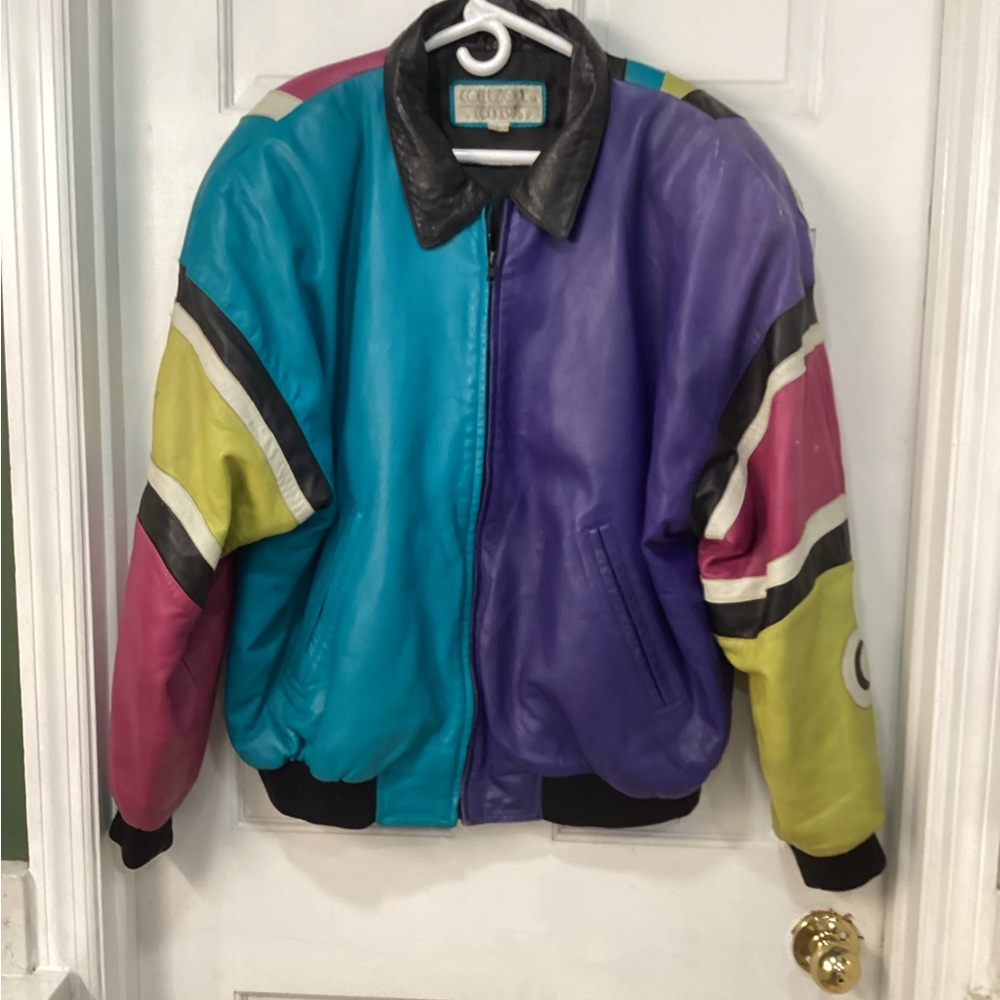 Vintage Color Block Leather Jacket, Contemporary’80 Design